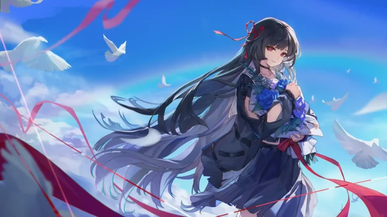Chisa from Wuthering Waves holding blue roses under a bright blue sky with white doves wallpaper.