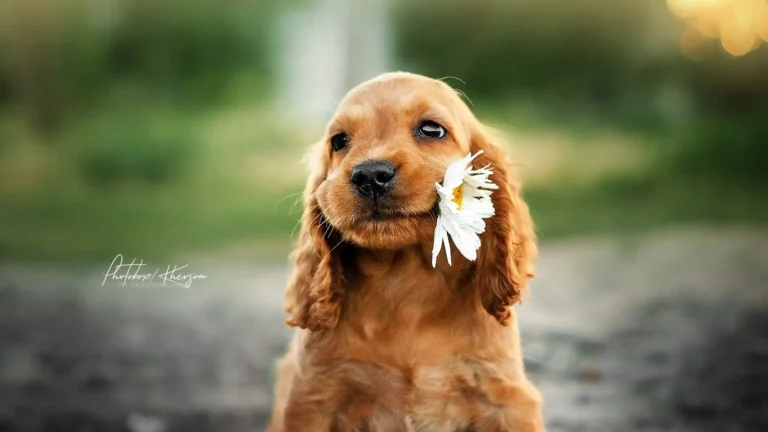 Cute golden Cocker Spaniel puppy posing outdoors with a white daisy flower beside its face wallpaper.