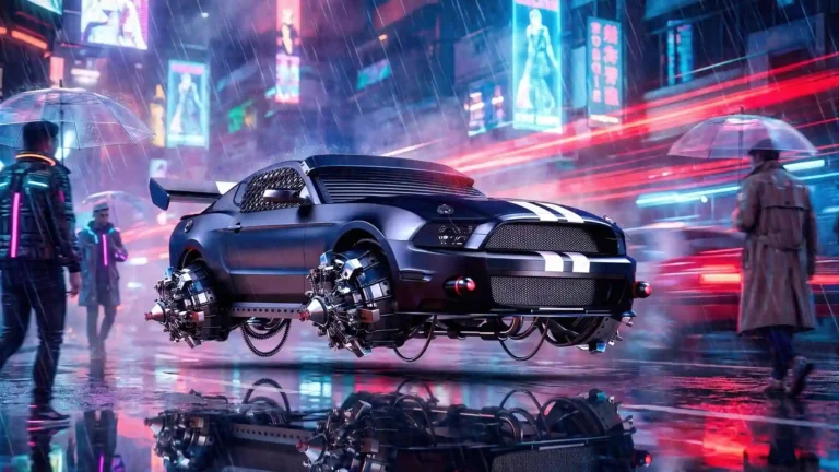 Cyberpunk Mustang-inspired hover car floating above a wet street in a futuristic neon city with rain and colorful lights wallpaper.