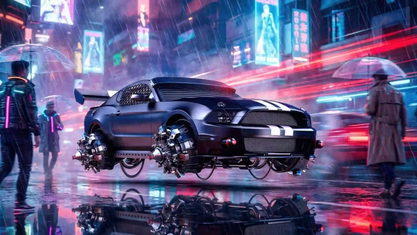 Cyberpunk Mustang-inspired hover car floating above a wet street in a futuristic neon city with rain and colorful lights wallpaper.