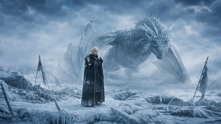 Daenerys Targaryen standing in a frozen battlefield with a massive blue-eyed ice dragon in Game of Thrones wallpaper.