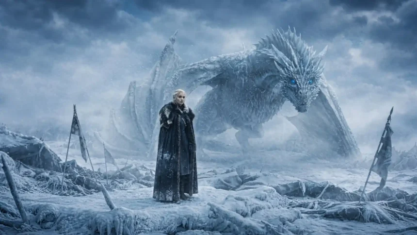 Daenerys Targaryen standing in a frozen battlefield with a massive blue-eyed ice dragon in Game of Thrones wallpaper.