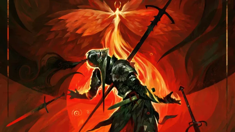 Dark fantasy armored knight surrounded by swords with a blazing red and orange phoenix in the background wallpaper.