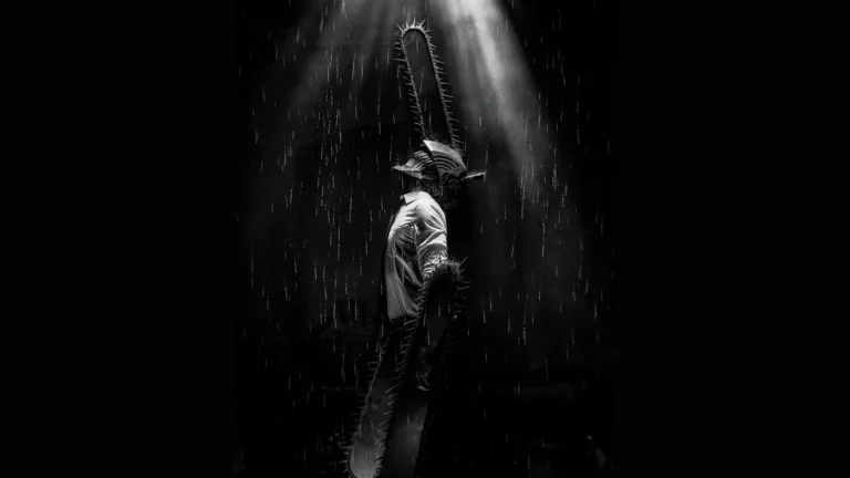 Denji as Chainsaw Man standing in heavy rain with chainsaws extending from his head and arms in dark black and white minimalist art wallpaper.