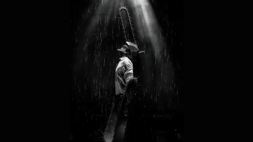 Denji as Chainsaw Man standing in heavy rain with chainsaws extending from his head and arms in dark black and white minimalist art wallpaper.