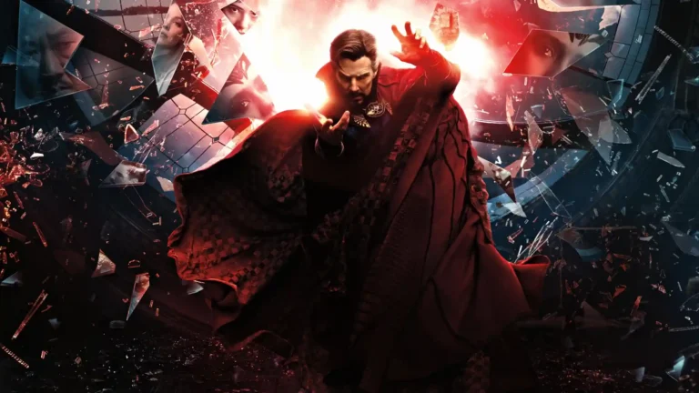 Doctor Strange surrounded by shattered glass and alternate realities in Multiverse of Madness cinematic art wallpaper.