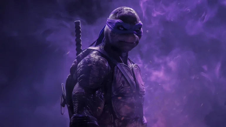 Donatello from Teenage Mutant Ninja Turtles wearing his purple mask surrounded by dark violet smoke wallpaper.