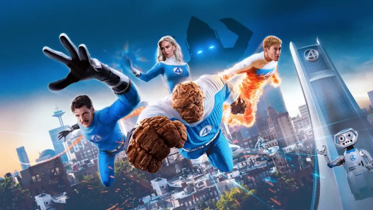 Fantastic Four First Steps team with Mister Fantastic, Invisible Woman, Human Torch and The Thing flying over the city wallpaper.