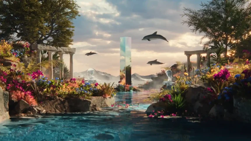 Fantasy paradise garden with dolphins flying above crystal water, colorful flowers, ancient ruins, statues, and a glowing monolith wallpaper.