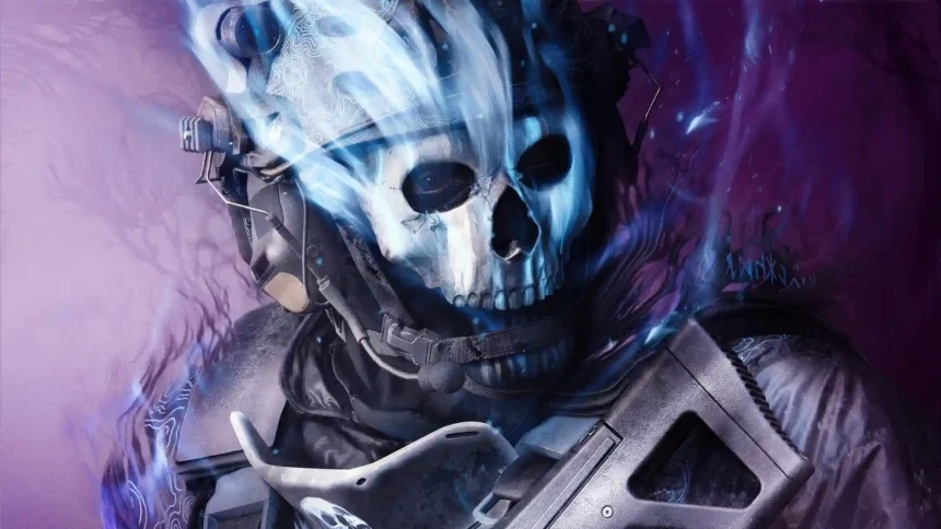 Ghost from Call of Duty Modern Warfare wearing his iconic skull mask surrounded by glowing blue flames wallpaper.