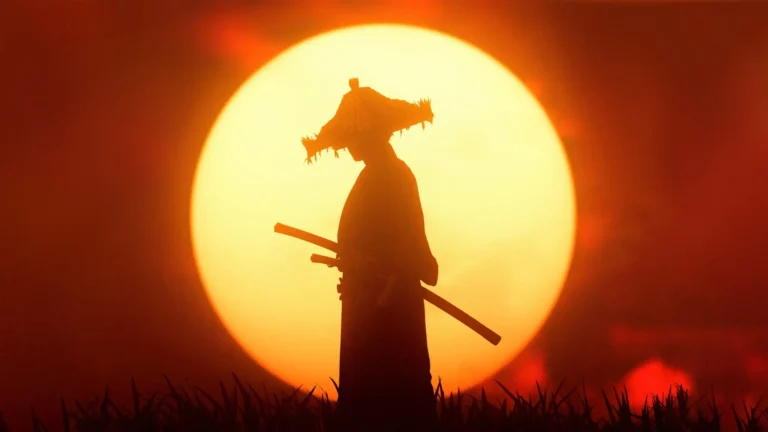 Jin Sakai samurai silhouette with swords standing before a massive orange sunset in Ghost of Tsushima wallpaper.
