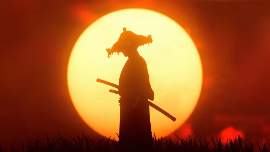 Jin Sakai samurai silhouette with swords standing before a massive orange sunset in Ghost of Tsushima wallpaper.