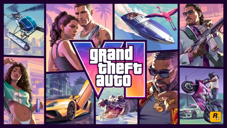 GTA 6 official artwork collage featuring Vice City characters, cars, helicopter, speedboat, motorcycle, and Grand Theft Auto VI logo wallpaper.