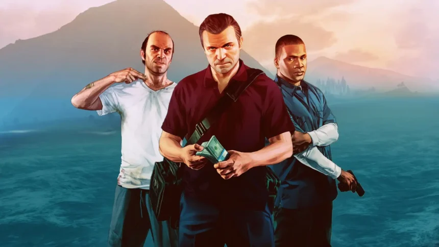 GTA V Michael, Trevor and Franklin standing together against a scenic mountain landscape wallpaper.