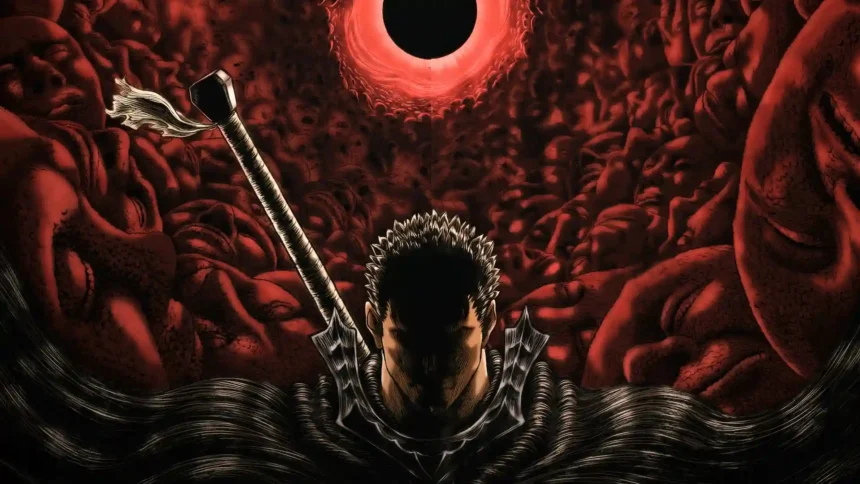 Guts from Berserk standing beneath the crimson Eclipse surrounded by a haunting mass of demonic creatures in dark red manga art wallpaper.