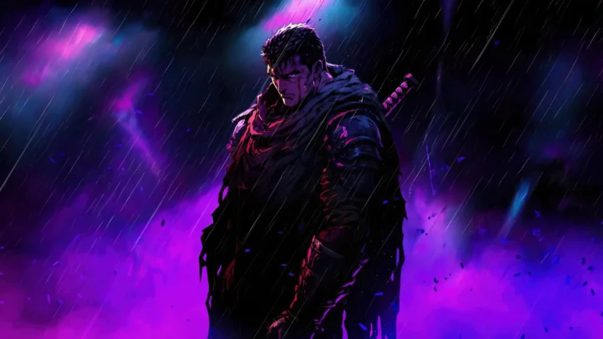 Guts from Berserk standing in heavy rain with purple and blue lighting and his sword on his back wallpaper.