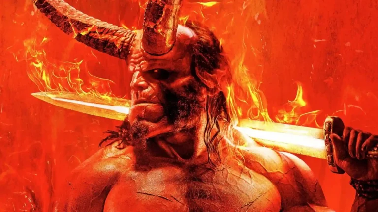 Hellboy as a horned demon warrior surrounded by intense flames and glowing swords in a fiery dark fantasy wallpaper.