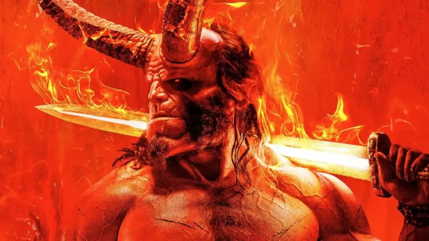 Hellboy as a horned demon warrior surrounded by intense flames and glowing swords in a fiery dark fantasy wallpaper.