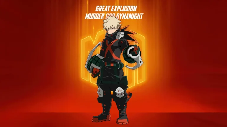 Katsuki Bakugo as Great Explosion Murder God Dynamight wearing his hero costume against a glowing orange background wallpaper.