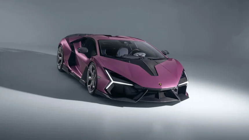 Purple Lamborghini Revuelto with carbon fiber details and aggressive aerodynamic styling in a modern studio wallpaper.
