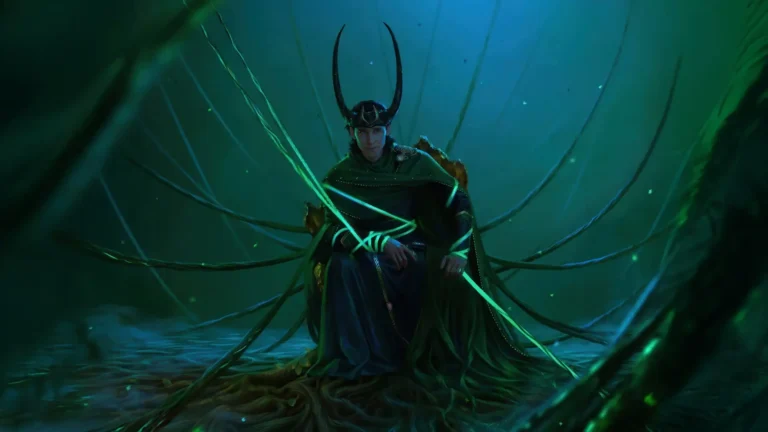 Loki God of Mischief seated on a dark throne wearing his horned crown surrounded by glowing green magic wallpaper.
