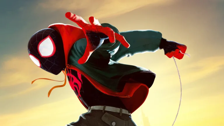 Miles Morales swinging through the air in his black and red Spider-Man suit against a glowing sunset sky wallpaper.