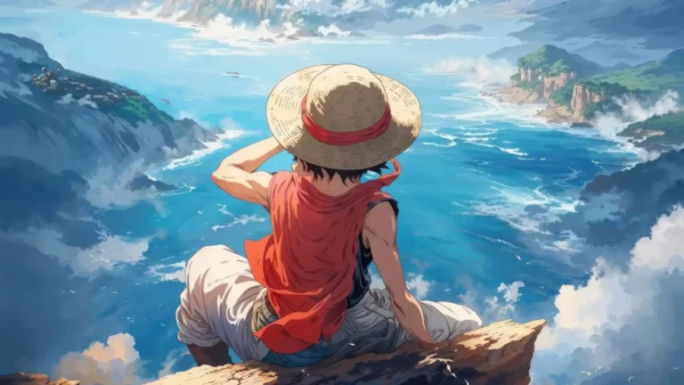 Monkey D. Luffy wearing his straw hat while overlooking a vast blue ocean and tropical island landscape in One Piece wallpaper.