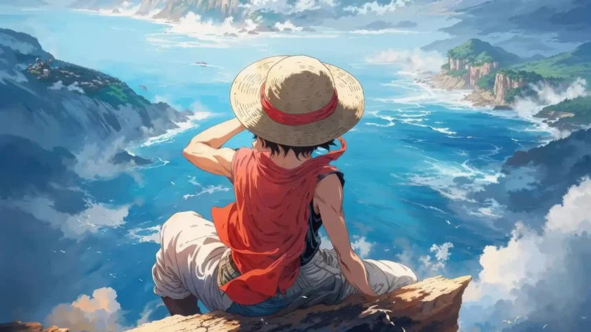 Monkey D. Luffy wearing his straw hat while overlooking a vast blue ocean and tropical island landscape in One Piece wallpaper.