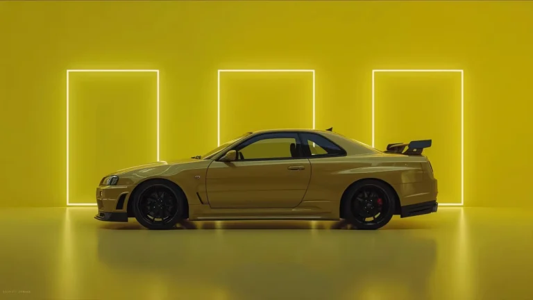 Yellow Nissan Skyline GT-R R34 in side profile with black wheels and rear wing against a yellow neon studio wallpaper.
