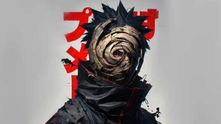 Obito Uchiha wearing his spiral mask with glowing red Sharingan in dark Naruto artwork wallpaper.
