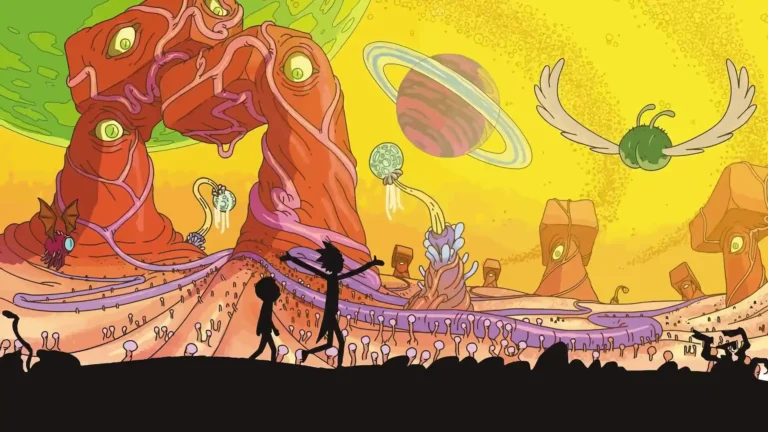 Rick and Morty exploring a colorful alien planet filled with strange creatures, giant organic structures, and distant planets wallpaper.