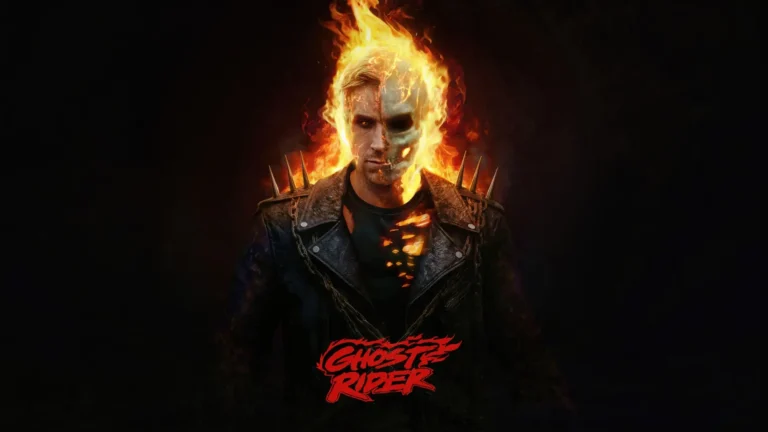 Ryan Gosling depicted as Ghost Rider with a flaming half-skull face, spiked leather jacket, and fiery dark Marvel artwork wallpaper.