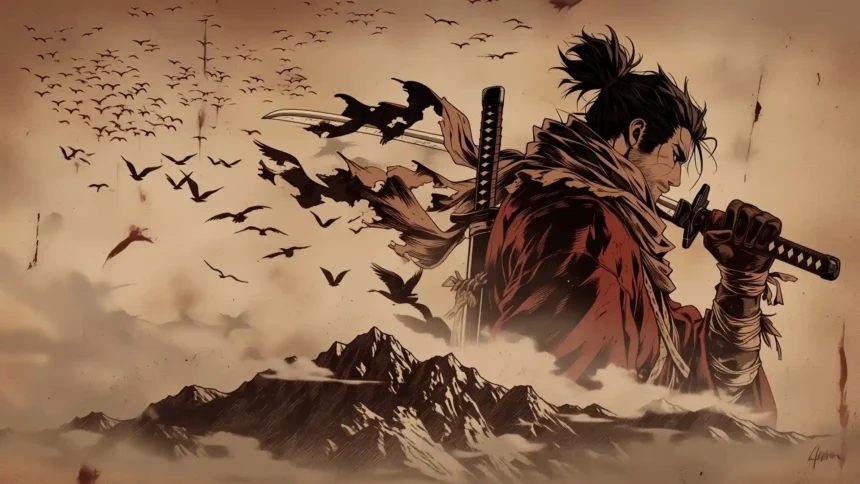 Wolf from Sekiro Shadows Die Twice holding his katana with soaring birds and misty mountains in vintage Japanese samurai art wallpaper.