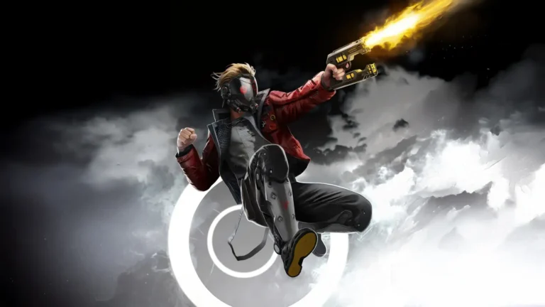 Star-Lord from Guardians of the Galaxy leaping through the air while firing his blaster amid dramatic smoke wallpaper.