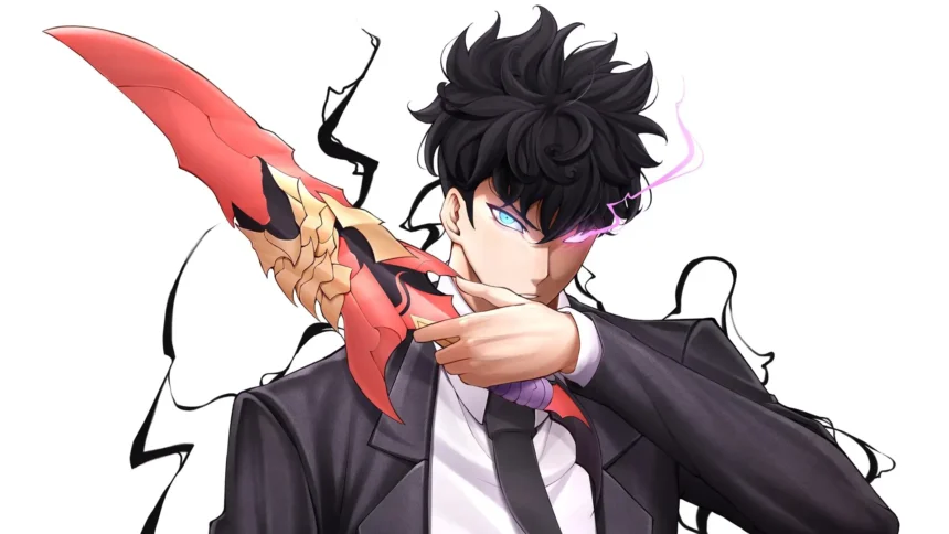 Sung Jinwoo with glowing blue and purple eyes holding a red weapon in Solo Leveling anime artwork wallpaper.