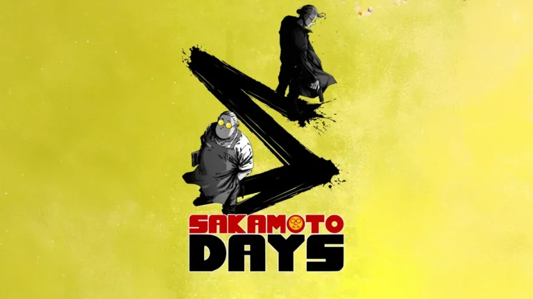Taro Sakamoto from Sakamoto Days in stylized black and white artwork against a vibrant yellow background wallpaper.