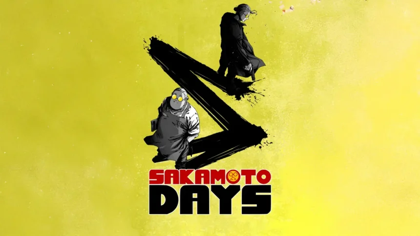 Taro Sakamoto from Sakamoto Days in stylized black and white artwork against a vibrant yellow background wallpaper.