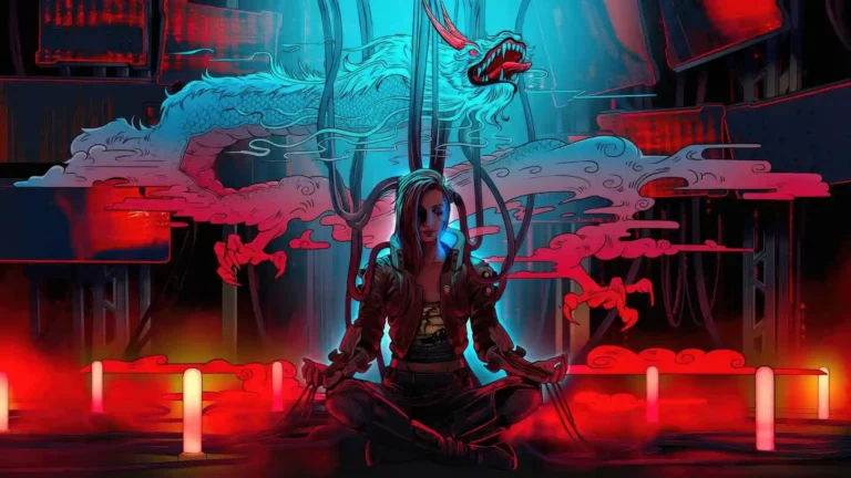 V from Cyberpunk 2077 Phantom Liberty meditating beneath cybernetic cables with a neon dragon backdrop wallpaper.