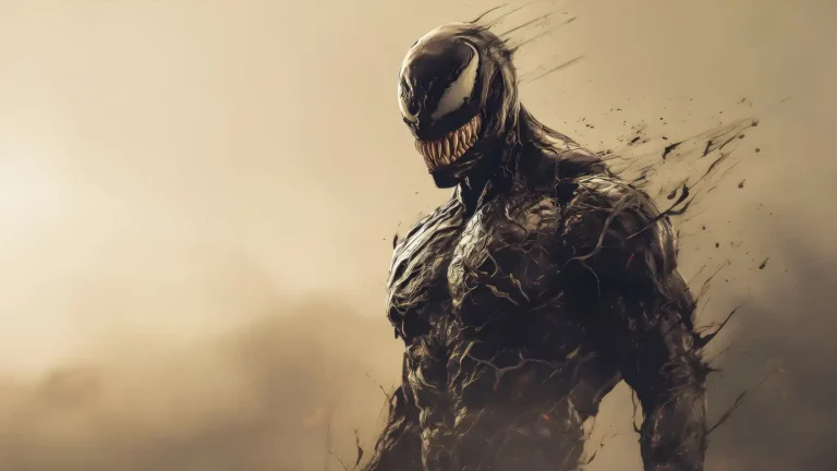 Venom dark symbiote with sharp teeth and black dissolving effects in minimalist Marvel artwork wallpaper.