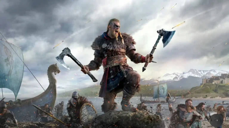 Assassins Creed Valhalla Eivor wielding dual axes with Viking warriors, longships, and a coastal fortress wallpaper.