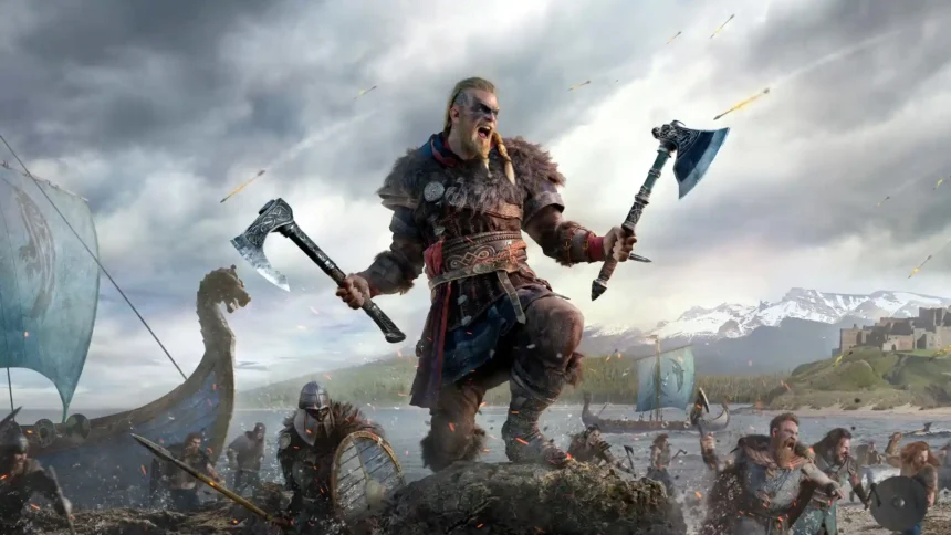 Assassins Creed Valhalla Eivor wielding dual axes with Viking warriors, longships, and a coastal fortress wallpaper.