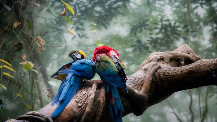 Colorful blue, red, green, and yellow macaw birds resting together on a tree branch in a tropical forest wallpaper.