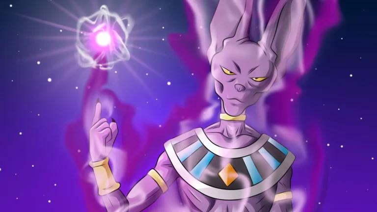 Beerus God of Destruction controlling glowing purple energy against a cosmic Dragon Ball background wallpaper.