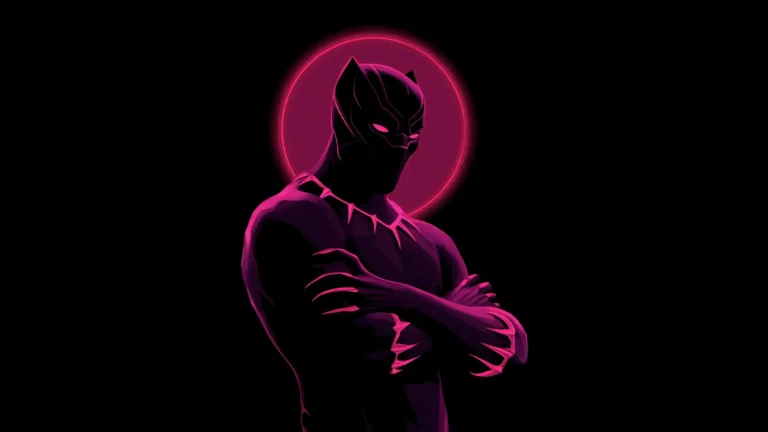 Black Panther standing with crossed arms in a dark suit illuminated by neon pink highlights and a glowing circular halo against a pure black background wallpaper.