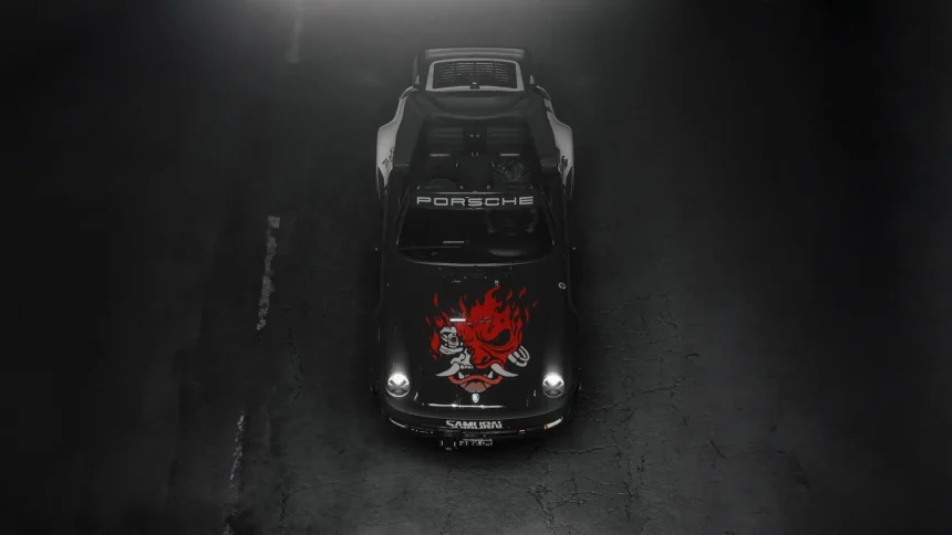 Cyberpunk 2077 Porsche 911 Samurai Edition viewed from above, featuring a black Porsche with a fiery red Samurai demon logo on the hood, glowing headlights, and a large rear spoiler on dark asphalt wallpaper.