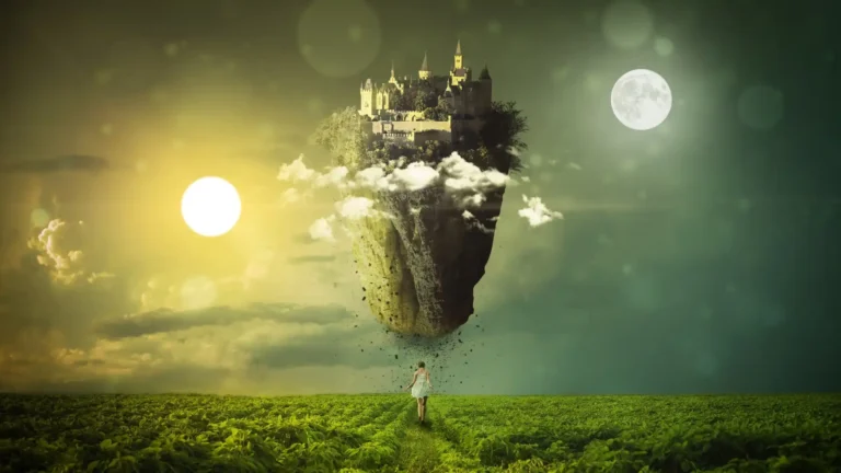 Dreamlike floating castle perched atop a massive rocky island above the clouds, with a glowing sun, full moon, and a girl walking through a lush green field fantasy wallpaper.