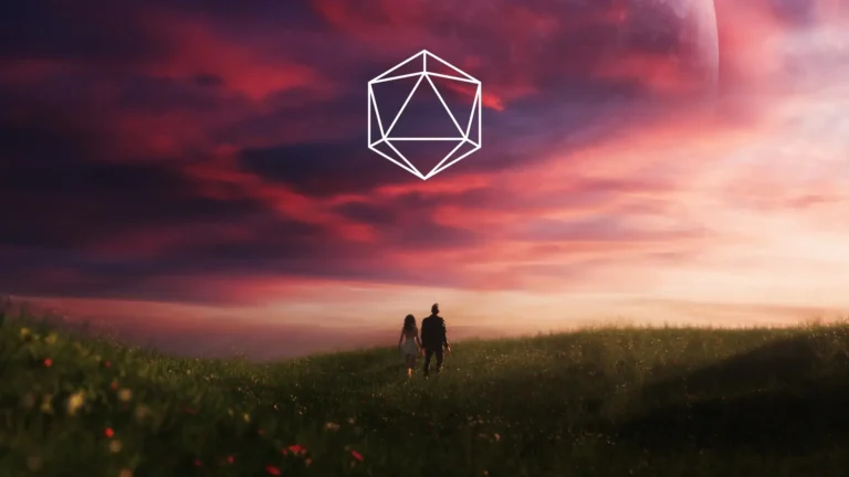 Couple walking through a grassy meadow beneath a giant planet and colorful dreamlike sunset sky wallpaper.