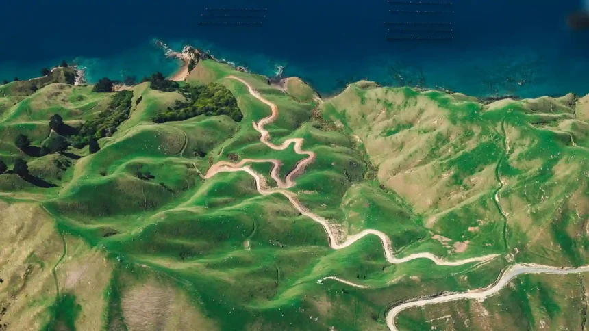 Aerial view of D'Urville Island New Zealand with rolling green hills, winding coastal roads and deep blue ocean wallpaper.