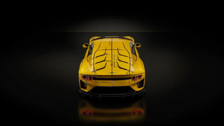 Yellow Ferrari 812 Superfast viewed from above and behind with glowing red circular taillights, black aerodynamic details, and a dark minimalist background wallpaper.