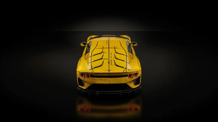 Yellow Ferrari 812 Superfast viewed from above and behind with glowing red circular taillights, black aerodynamic details, and a dark minimalist background wallpaper.